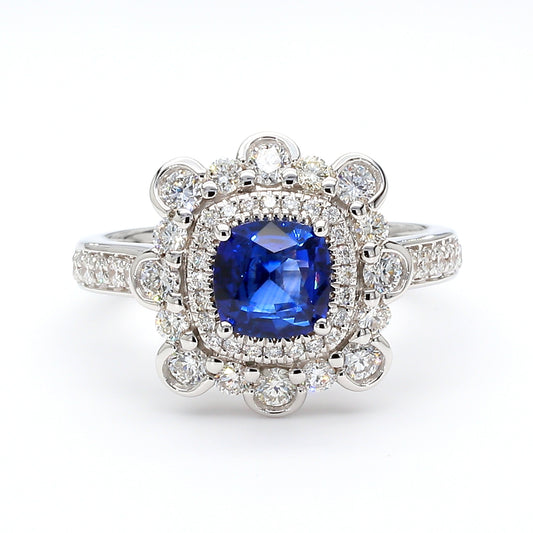 Natural Blue Cushion Sapphire and Diamond 2.03 Carat TW Gold Ring