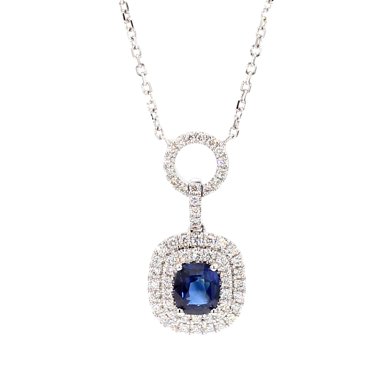 Natural Blue Cushion Sapphire and Diamond 1.65 Carat TW Gold Necklace