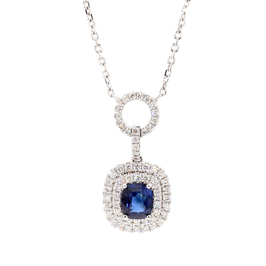 Natural Blue Cushion Sapphire and Diamond 1.65 Carat TW Gold Necklace