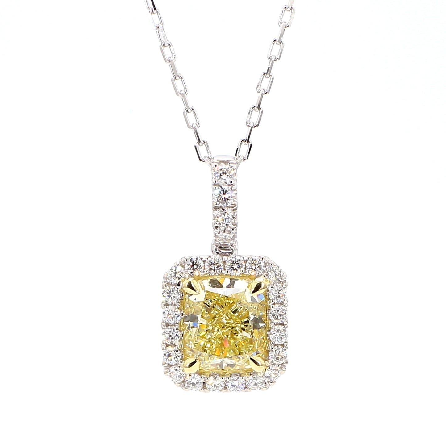 GIA Natural Fancy Light Yellow Cushion Diamond 2.37 Carat TW Gold Pendant