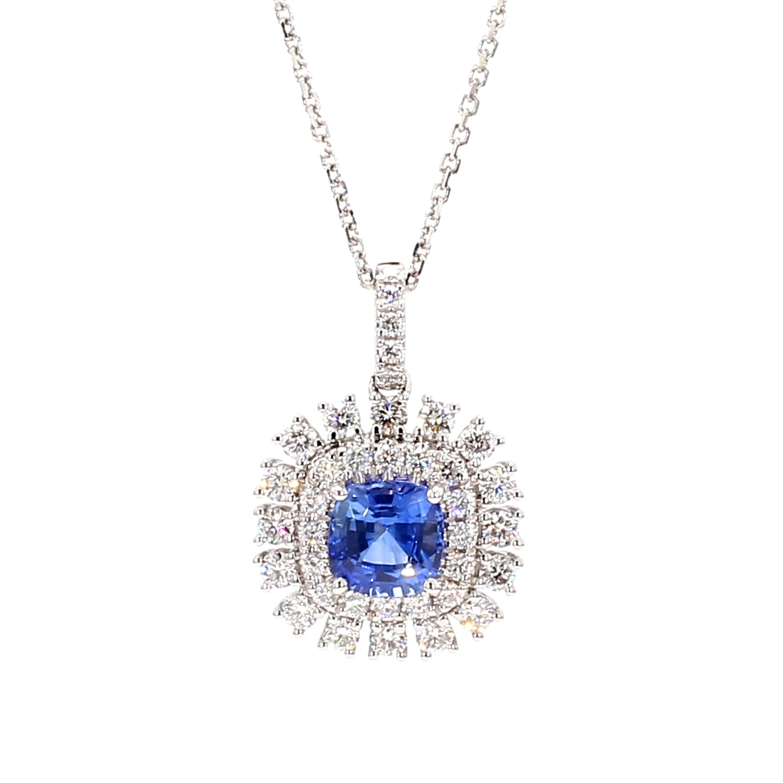 Natural Blue Cushion Sapphire and Diamond 2.33 Carat TW Gold Pendant