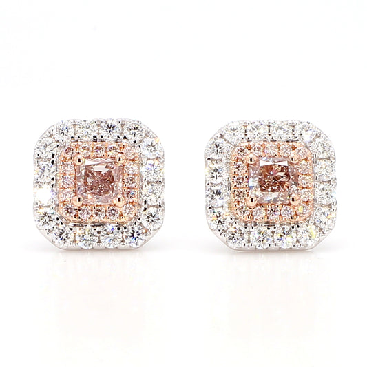 GIA Natural Fancy Light Pinkish Brown Radiant Diamond 1.45 Carat Gold Earrings