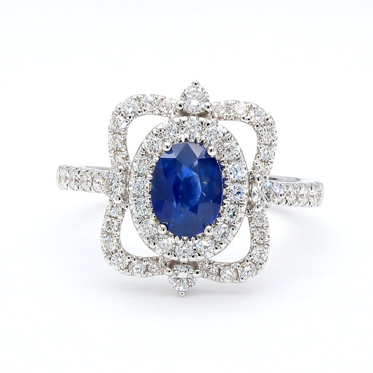 Natural Blue Oval Sapphire and Diamond 1.62 Carat TW Gold Ring