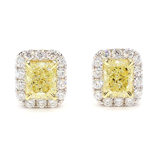 GIA Certified Natural Light Yellow Radiant Diamond 2.76 Carat TW Gold Earrings