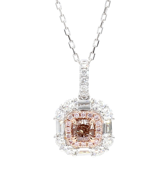 GIA Natural Fancy Pinkish Brown Cushion Diamond 1.66 Carat TW Gold Pendant