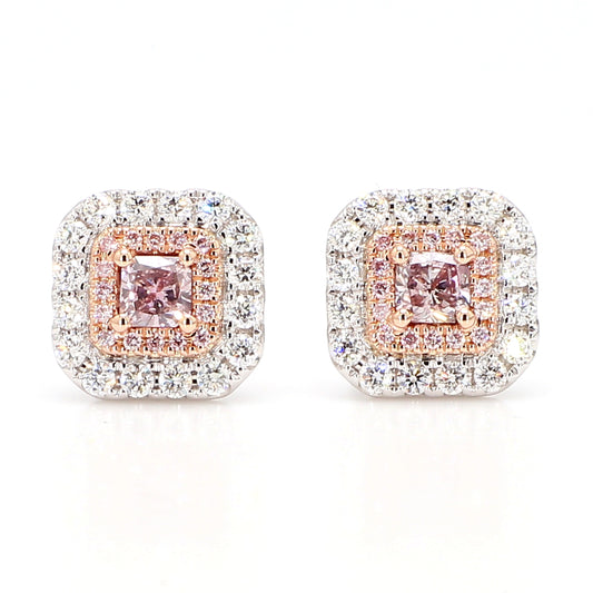 GIA Natural Fancy Brownish Pink Radiant Diamond 1.10 Carat TW Gold Earrings