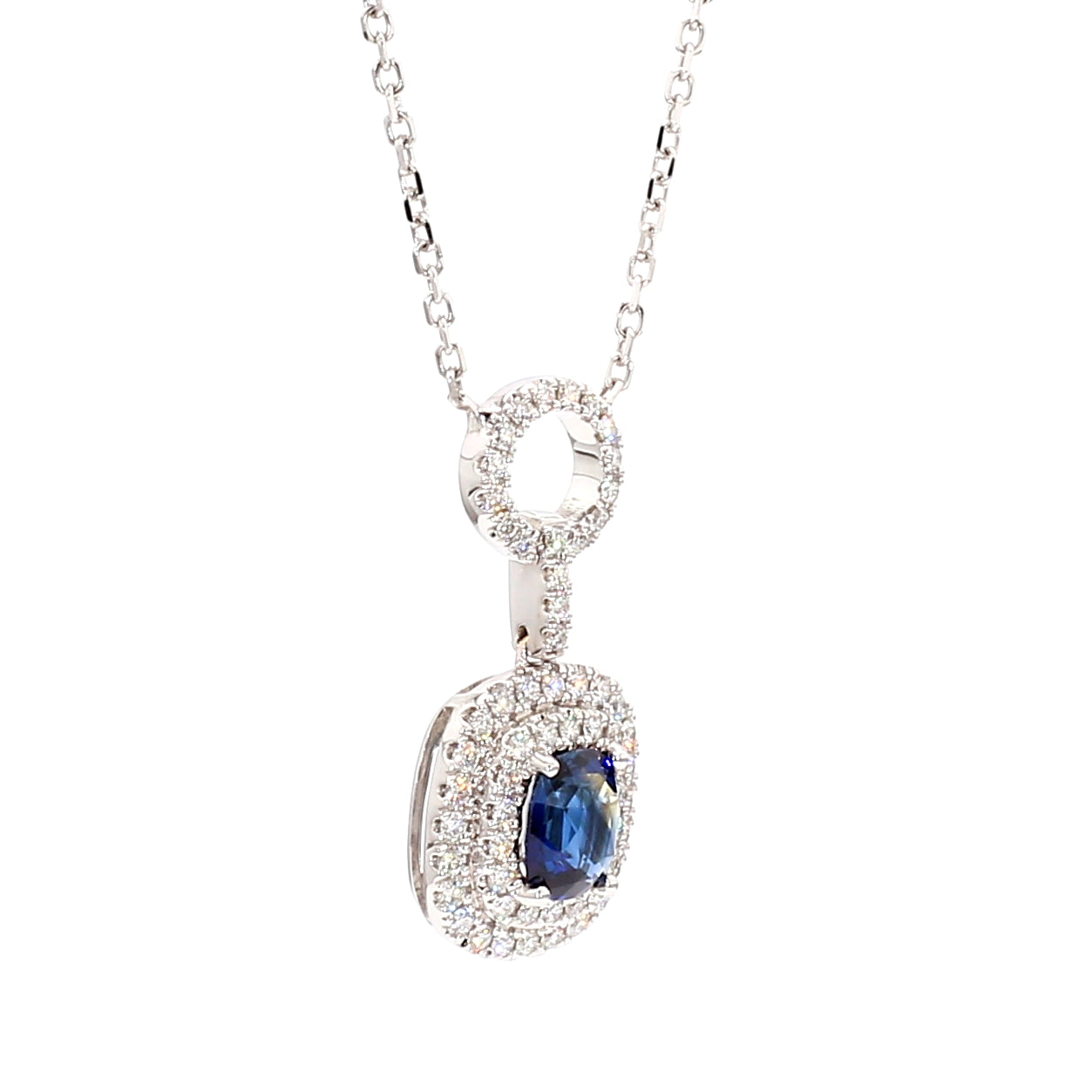 Natural Blue Cushion Sapphire and Diamond 1.65 Carat TW Gold Necklace