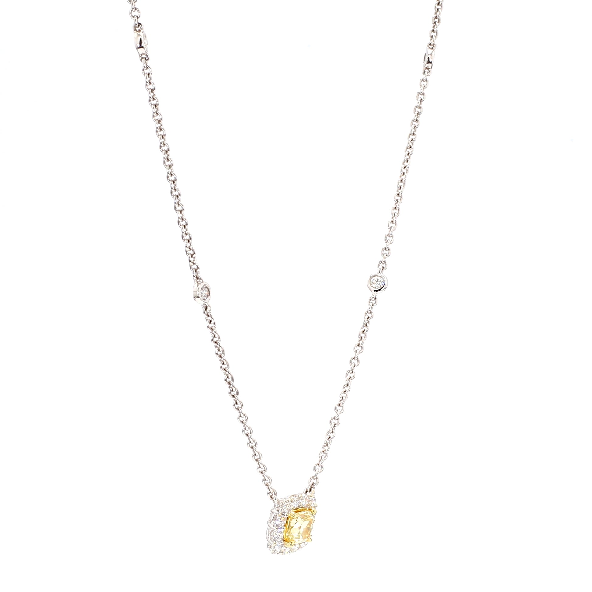 Natural Yellow Cushion Diamond 1.08 Carat TW Gold Necklace