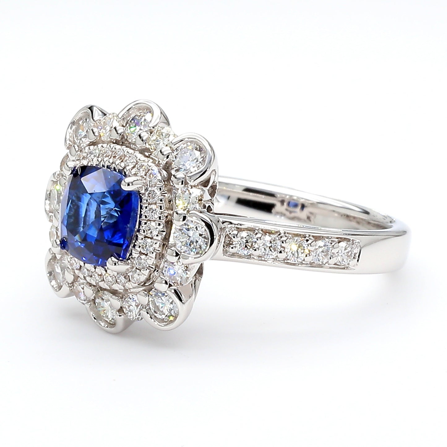 Natural Blue Cushion Sapphire and Diamond 2.03 Carat TW Gold Ring