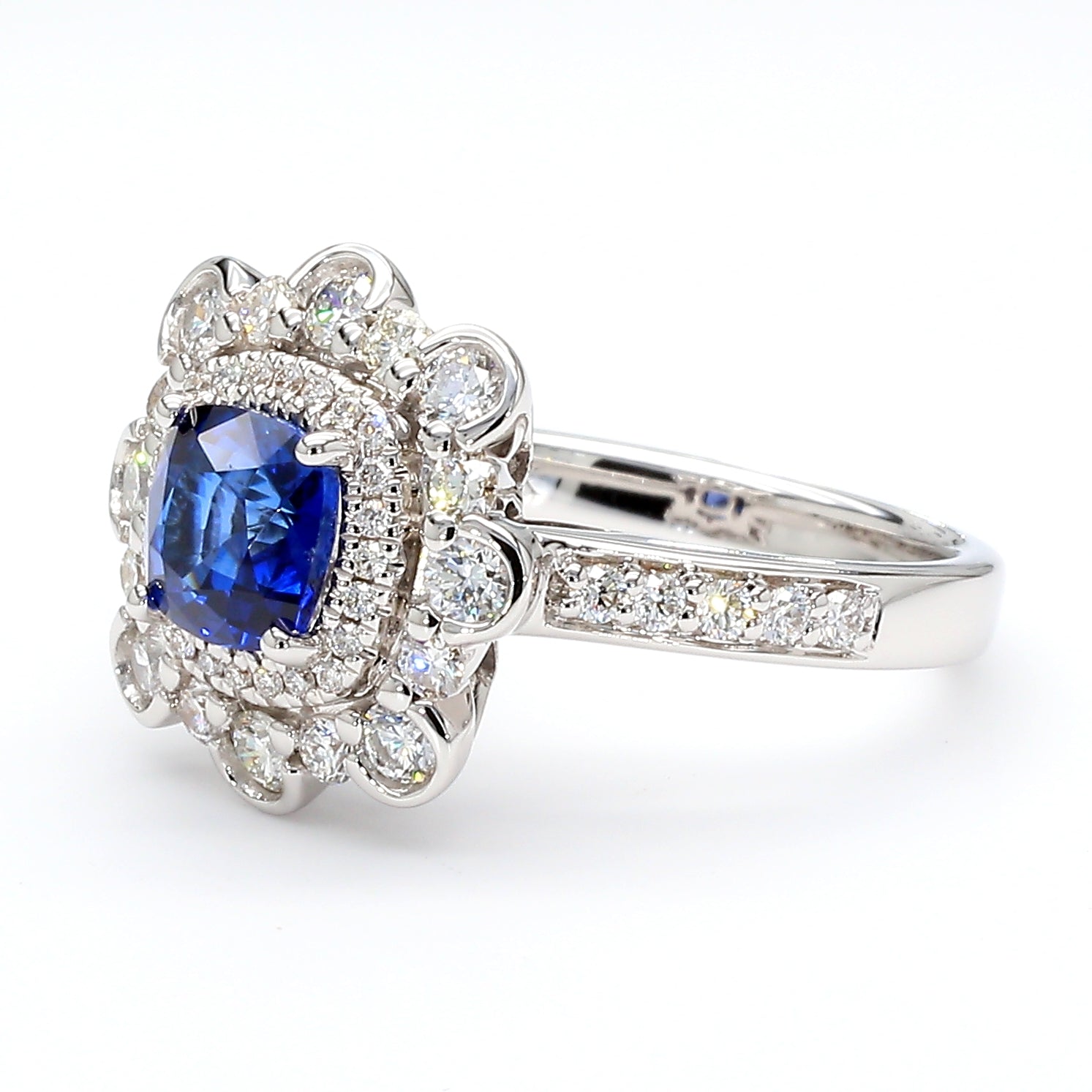 Natural Blue Cushion Sapphire and Diamond 2.03 Carat TW Gold Ring