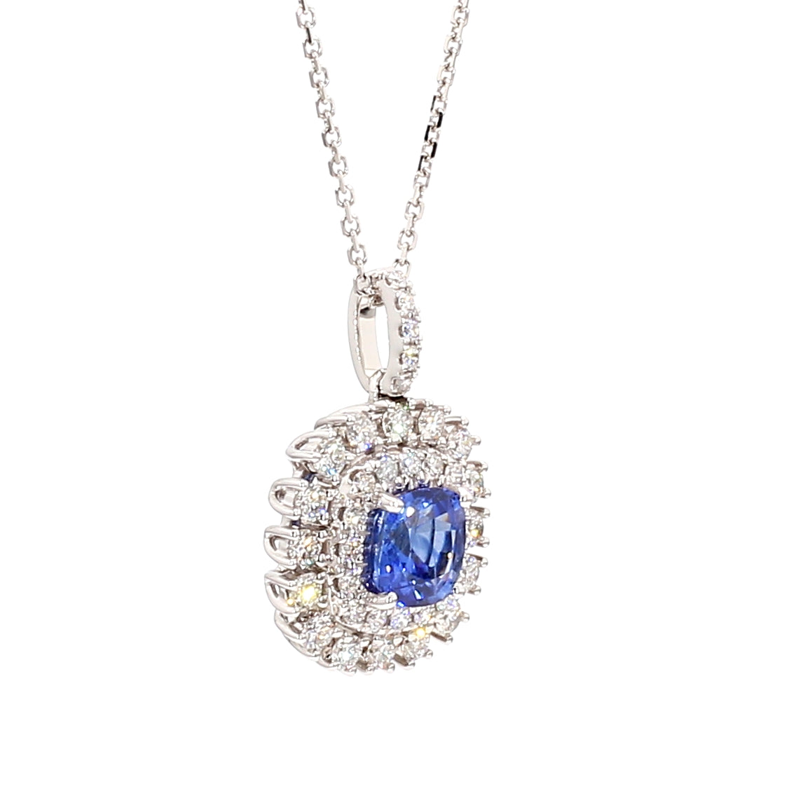 Natural Blue Cushion Sapphire and Diamond 2.33 Carat TW Gold Pendant