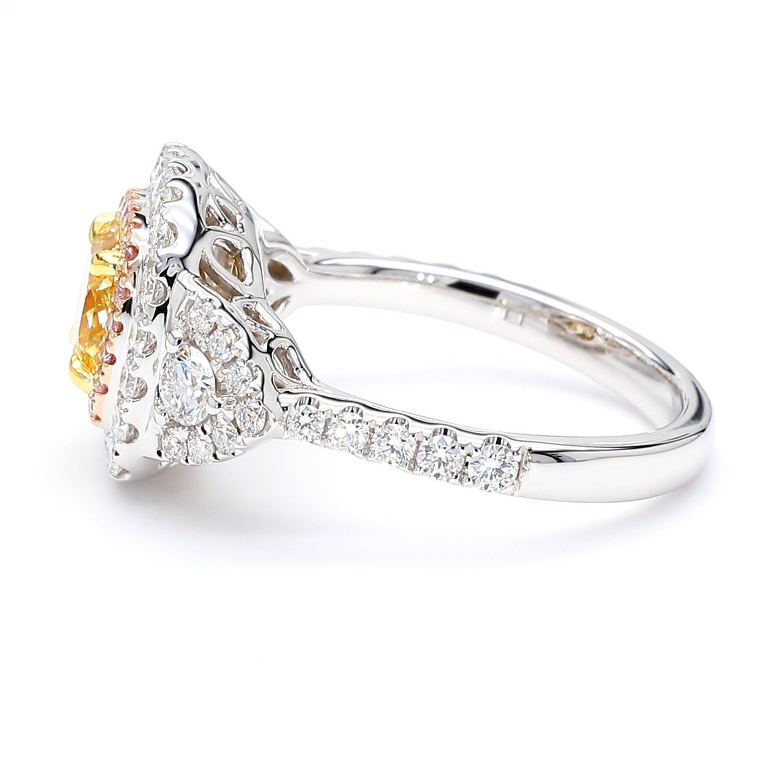 GIA Natural Fancy Intense Orangy Yellow Cushion Diamond 1.92 Carat TW Gold Ring