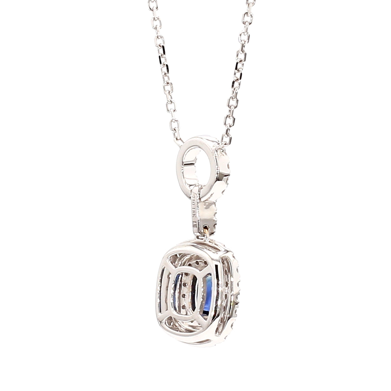 Natural Blue Cushion Sapphire and Diamond 1.65 Carat TW Gold Necklace