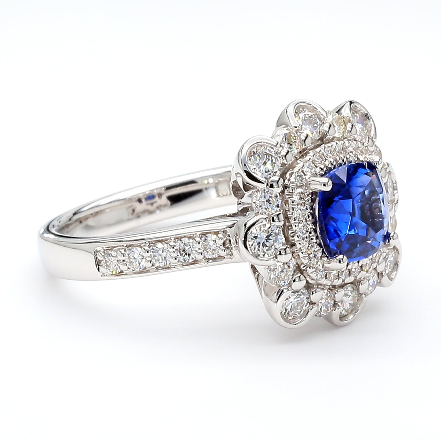 Natural Blue Cushion Sapphire and Diamond 2.03 Carat TW Gold Ring