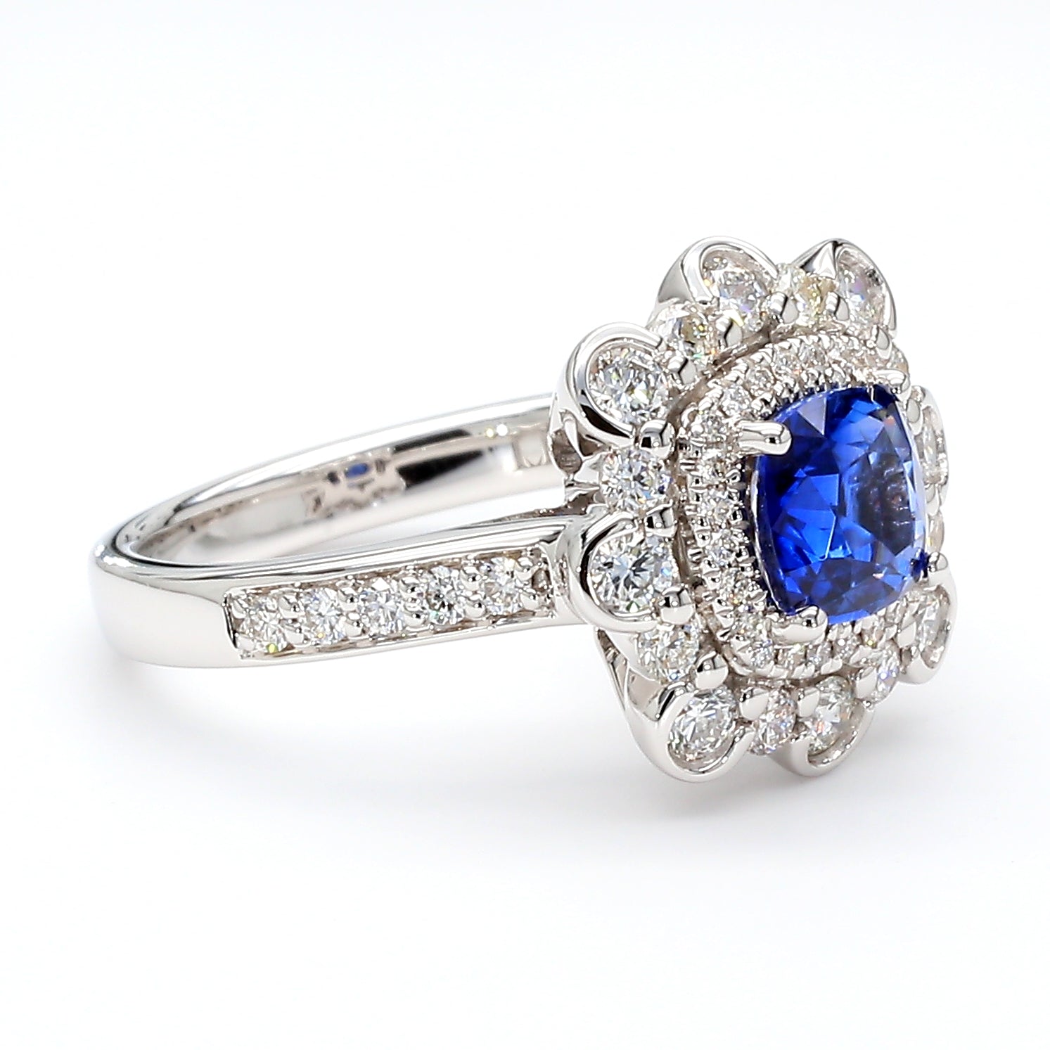Natural Blue Cushion Sapphire and Diamond 2.03 Carat TW Gold Ring