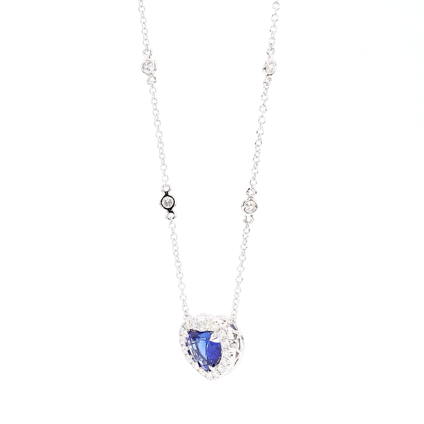 GIA Natural Blue Heart Sapphire and Diamond 2.14 Carat TW Gold Necklace