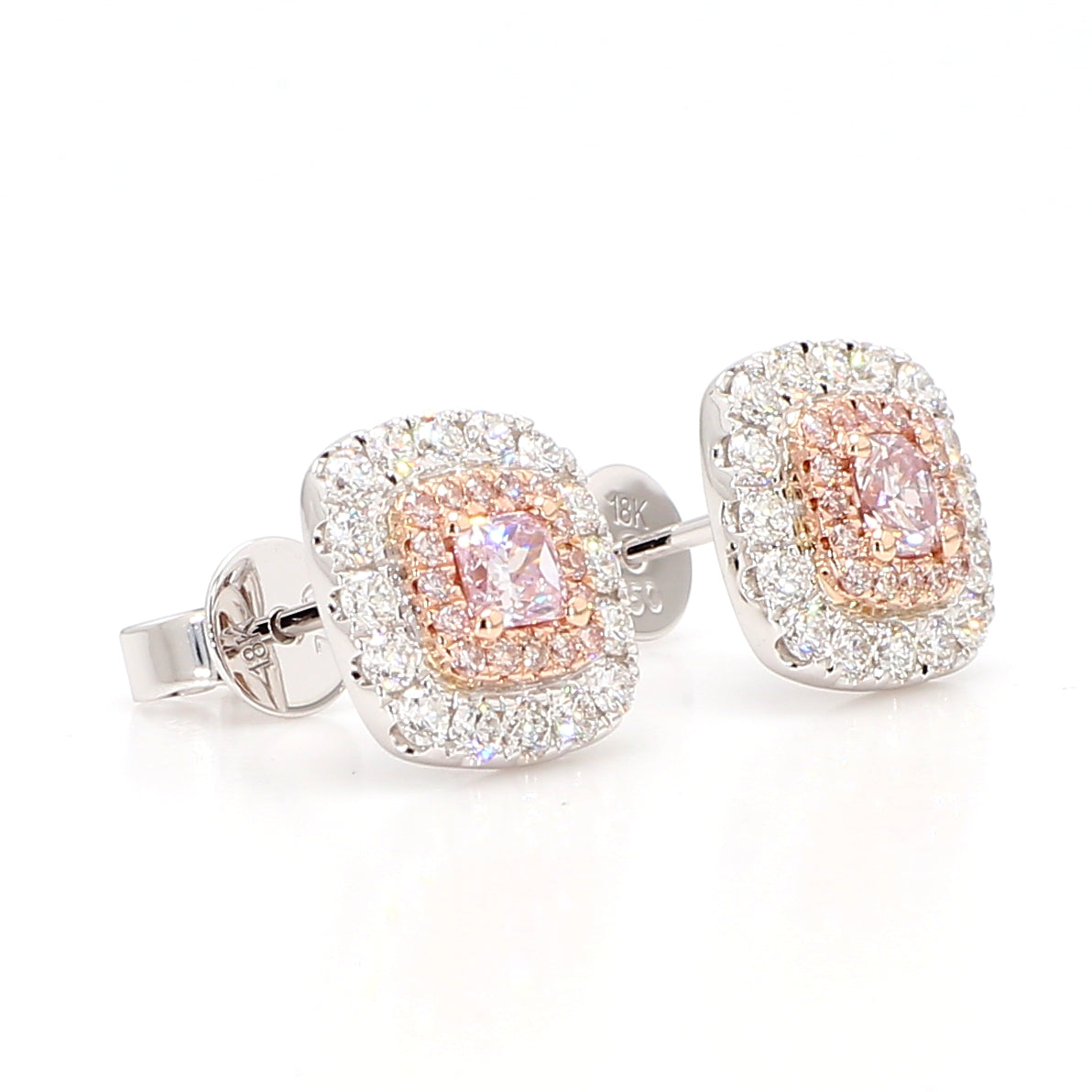 GIA Fancy Light Purplish Pink Cushion Diamond 0.99 Carat TW Gold Earrings