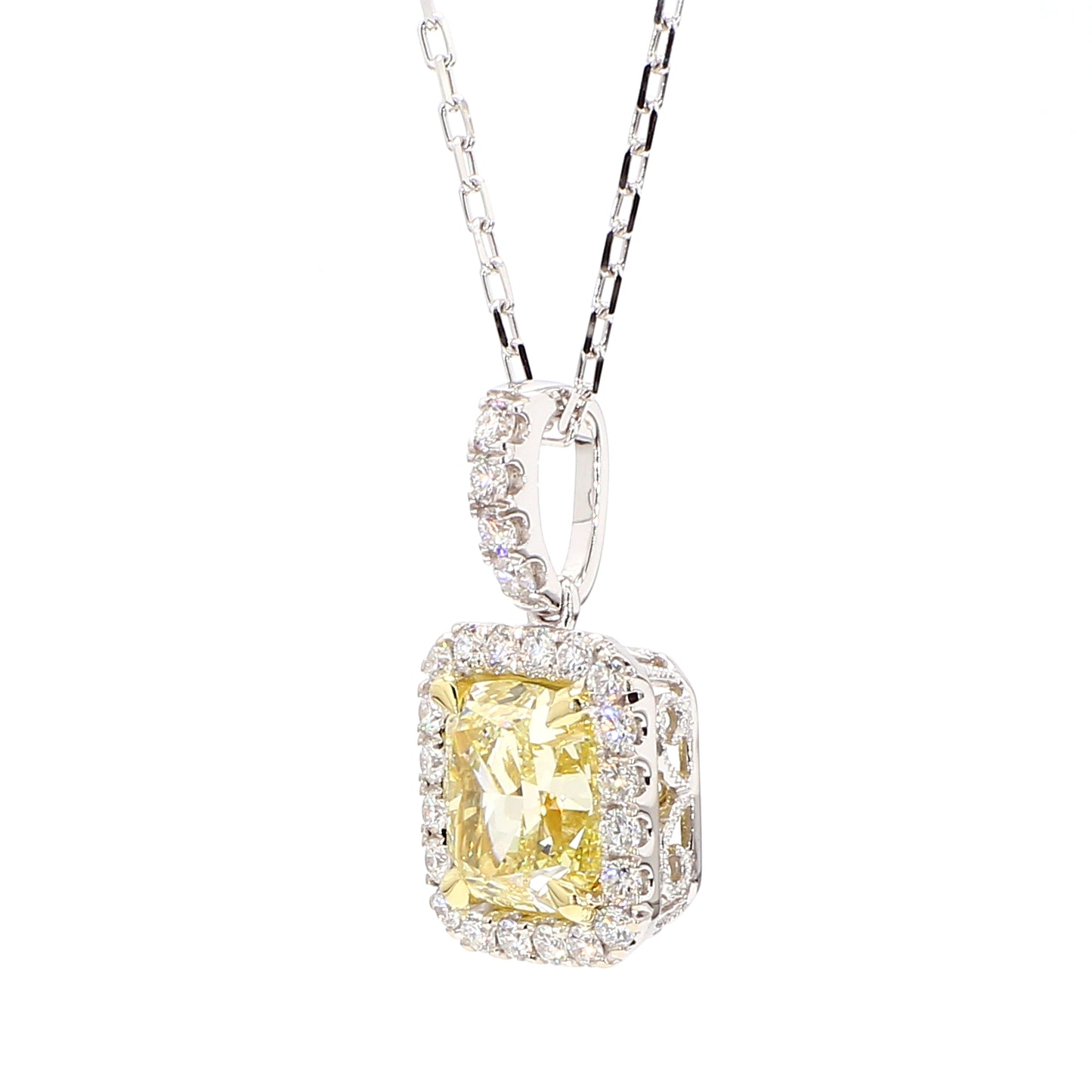 GIA Natural Fancy Light Yellow Cushion Diamond 2.37 Carat TW Gold Pendant