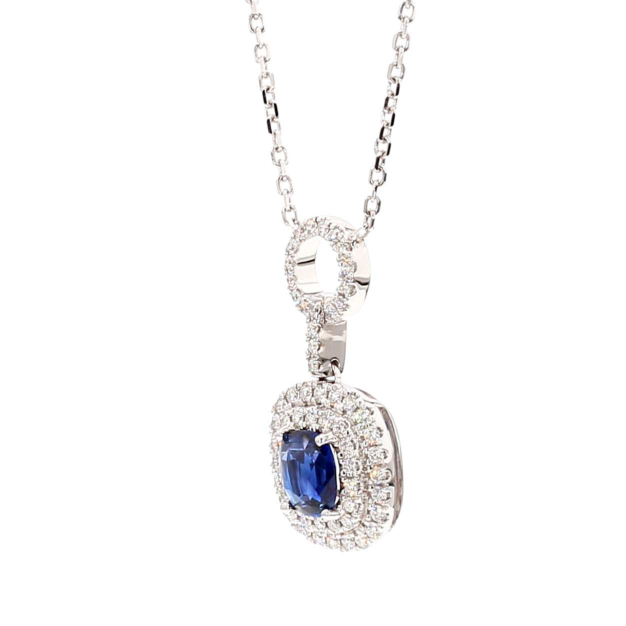 Natural Blue Cushion Sapphire and Diamond 1.65 Carat TW Gold Necklace
