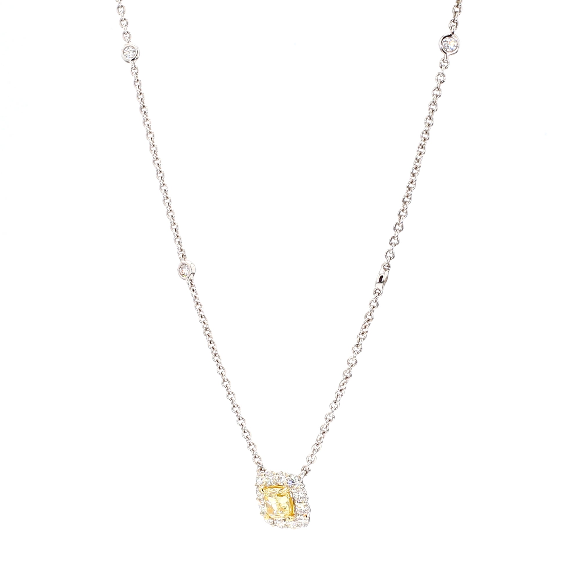 Natural Yellow Cushion Diamond 1.08 Carat TW Gold Necklace