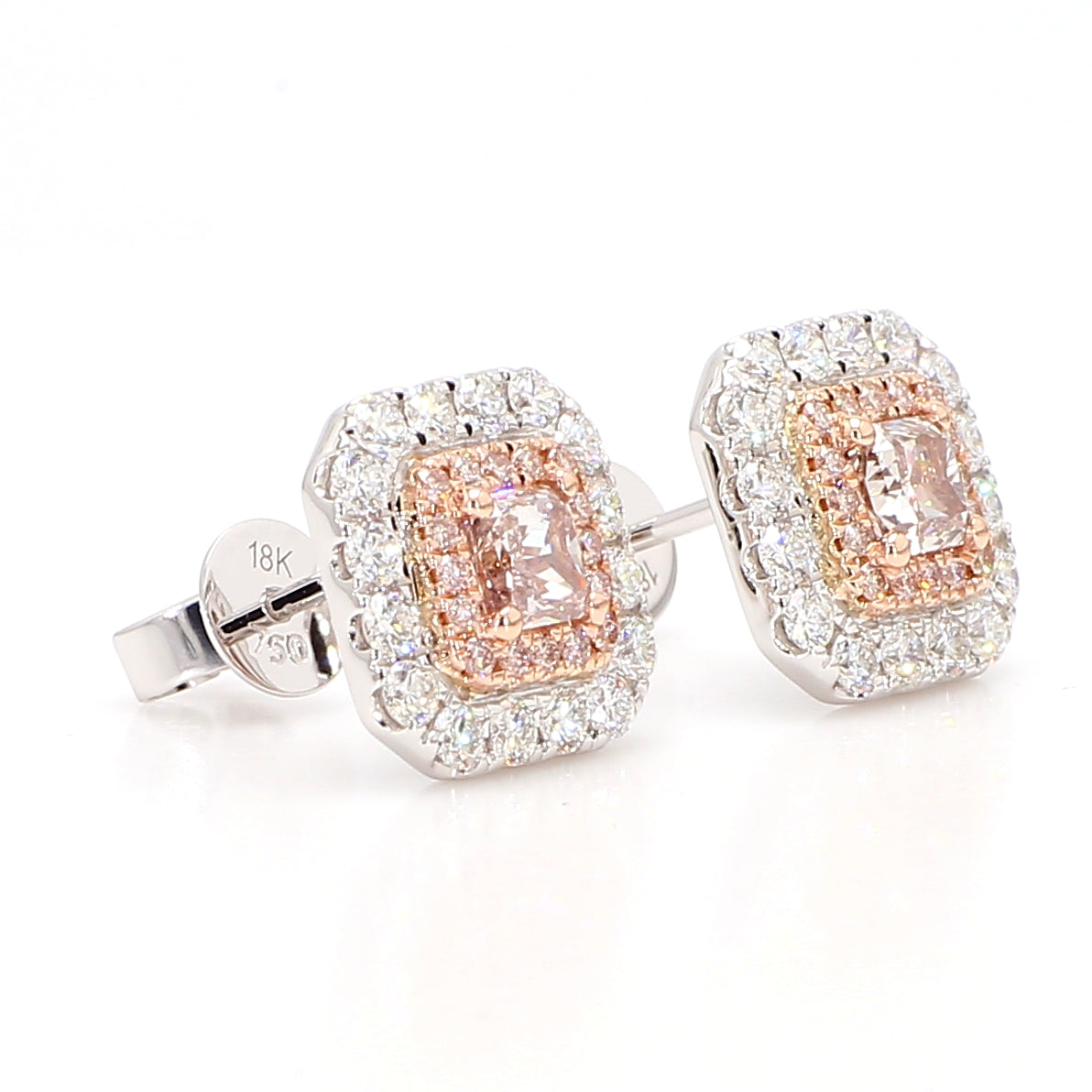 GIA Natural Fancy Light Pinkish Brown Radiant Diamond 1.45 Carat Gold Earrings