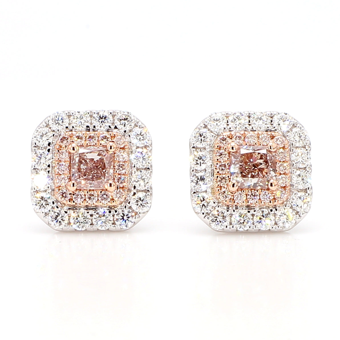 GIA Natural Fancy Light Pinkish Brown Radiant Diamond 1.45 Carat Gold Earrings