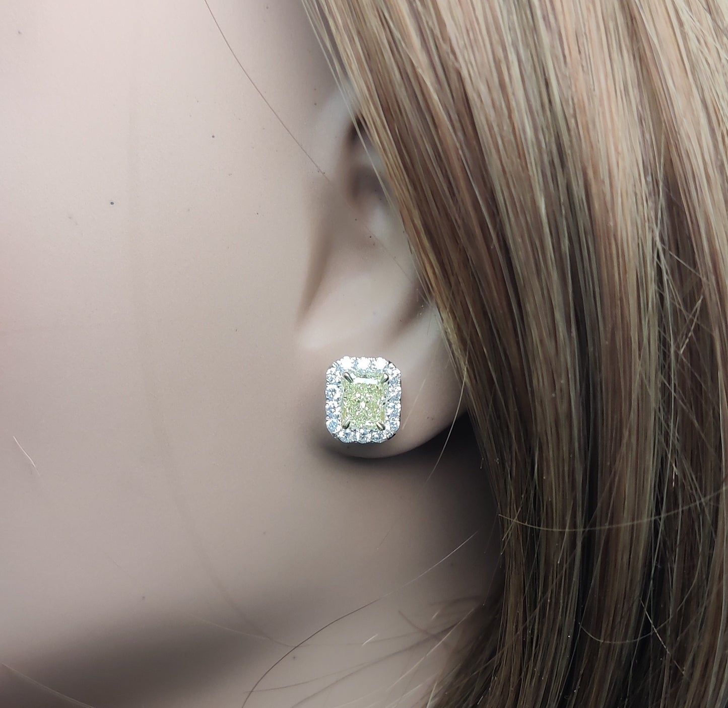 GIA Certified Natural Light Yellow Radiant Diamond 2.76 Carat TW Gold Earrings