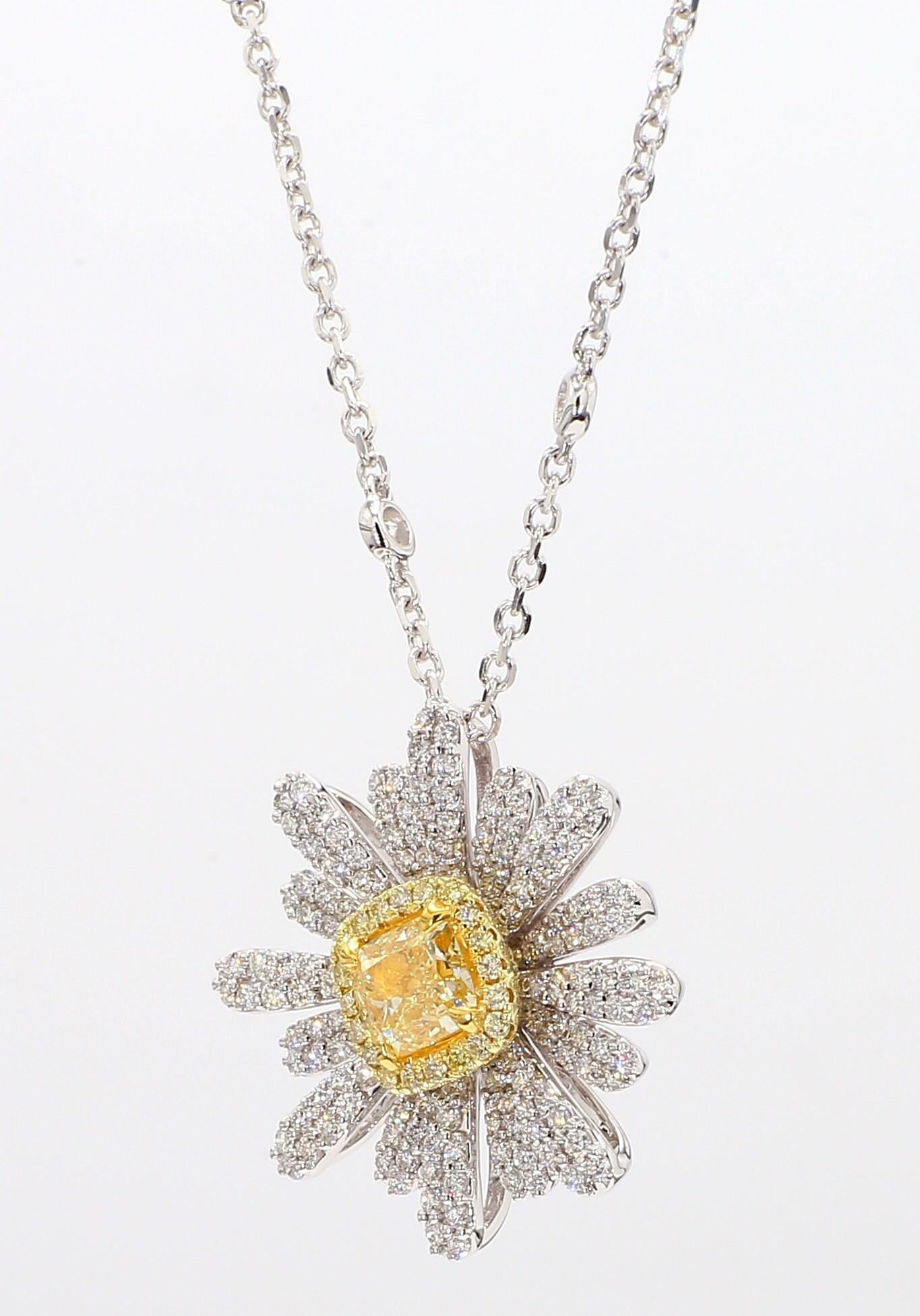 GIA Certified Natural Yellow Cushion Diamond 1.58 Carat TW Gold Drop Pendant