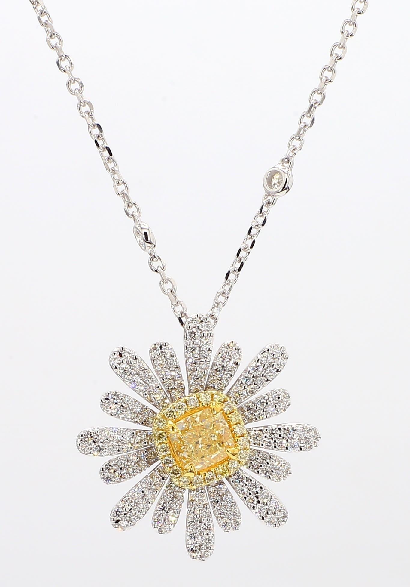 GIA Certified Natural Yellow Cushion Diamond 1.58 Carat TW Gold Drop Pendant