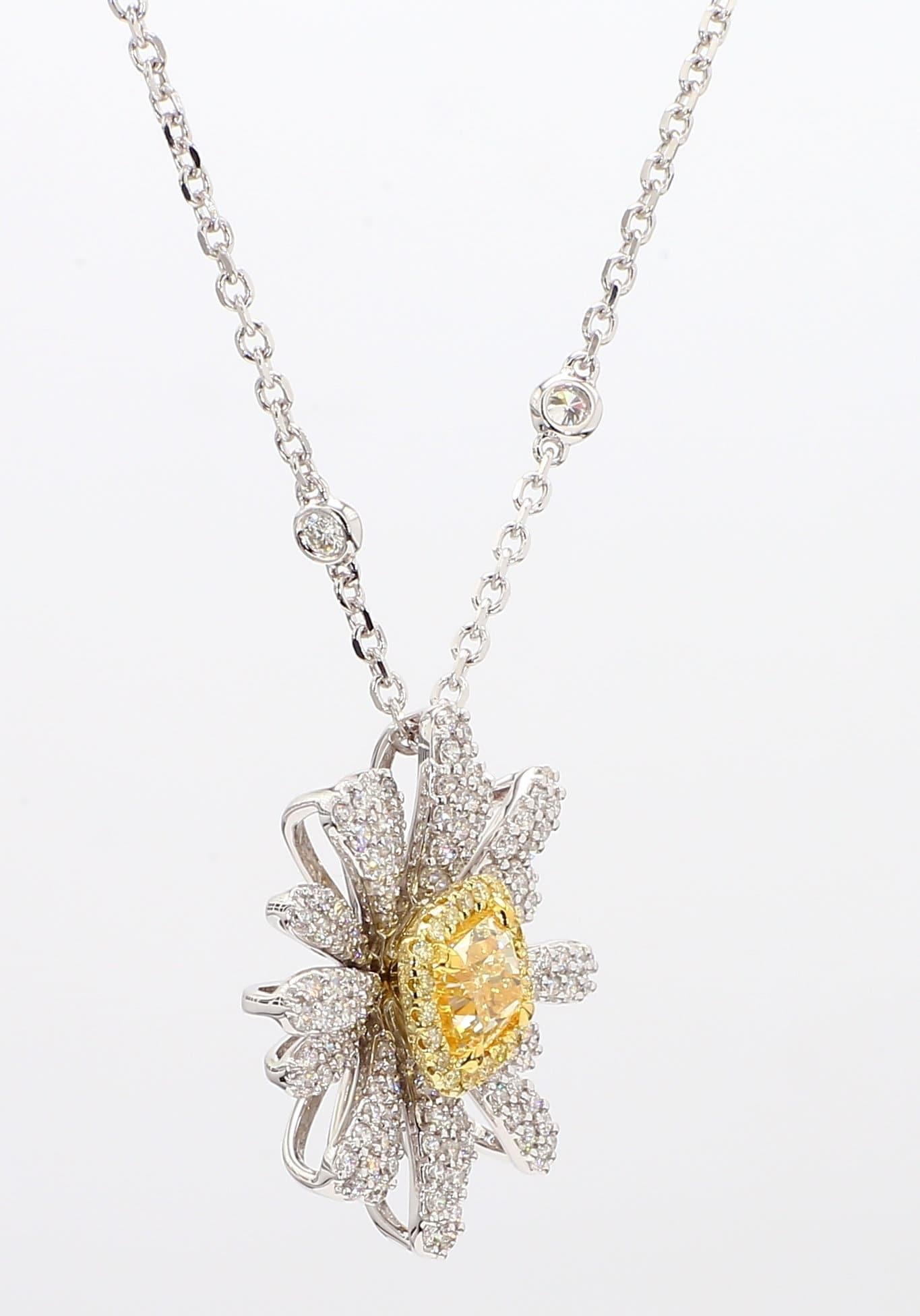 GIA Certified Natural Yellow Cushion Diamond 1.58 Carat TW Gold Drop Pendant