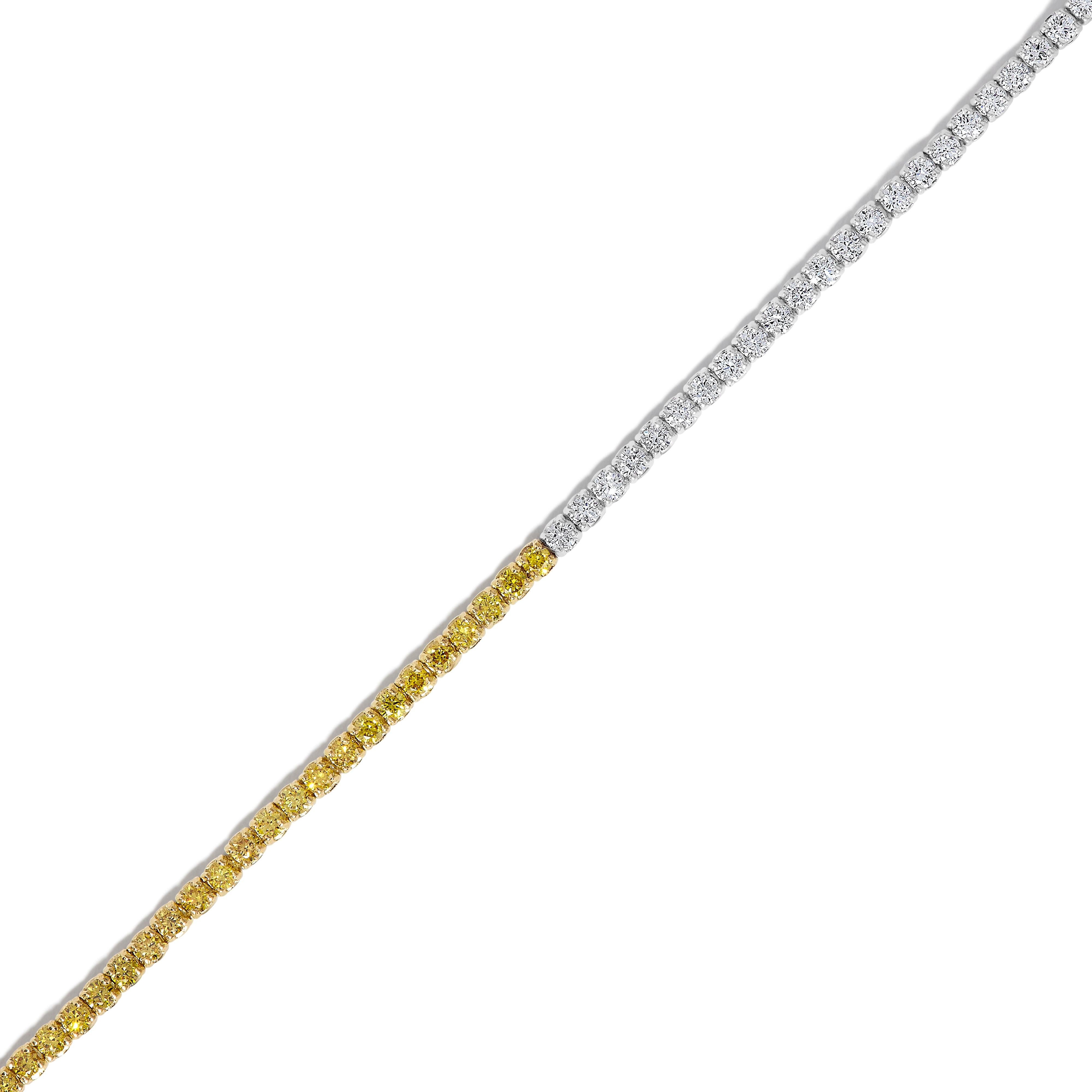 Natural Yellow Round and White Diamond 2.03 Carat TW Gold Tennis Bracelet