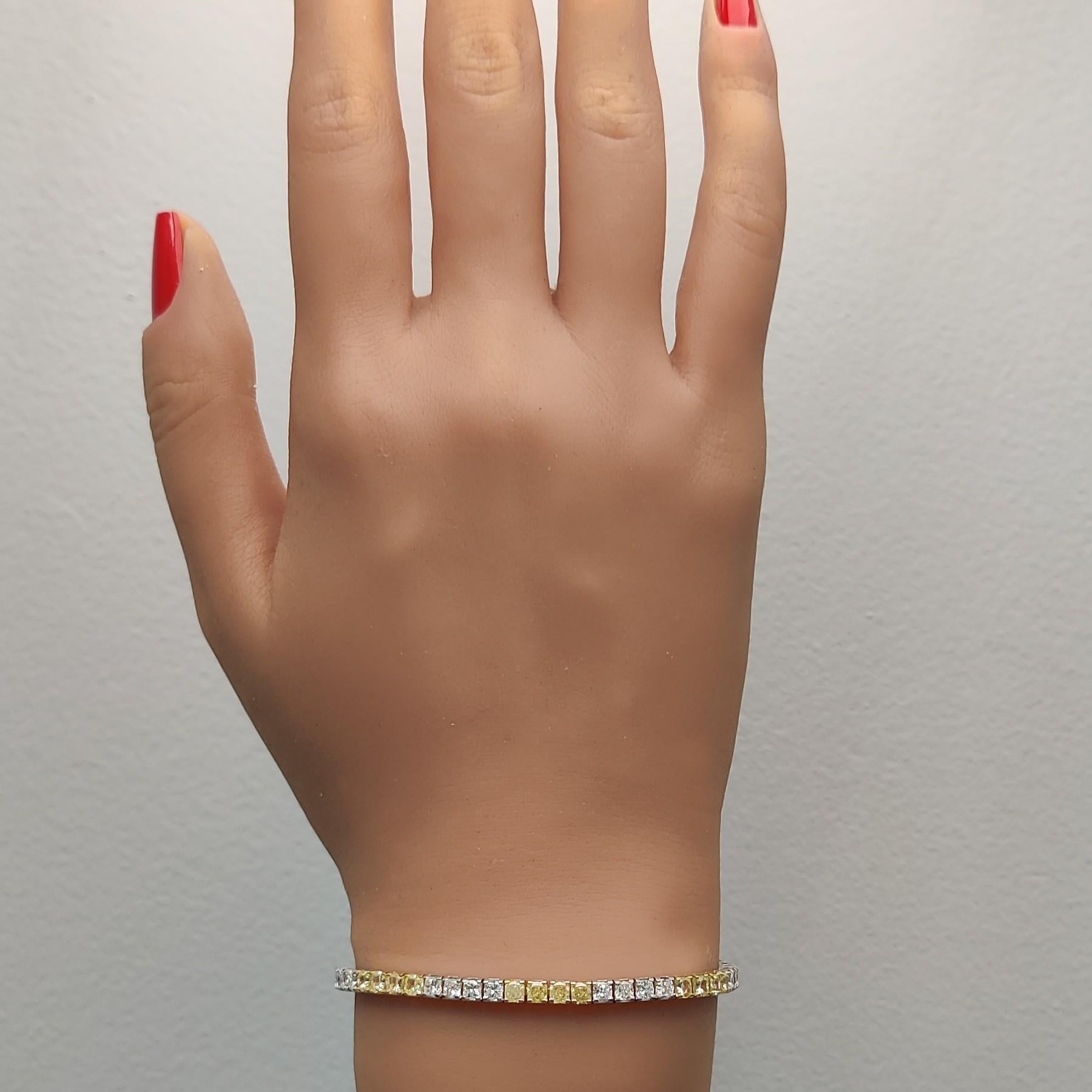 Natural Yellow Cushion and White Diamond 9.47 Carat TW Gold Tennis Bracelet