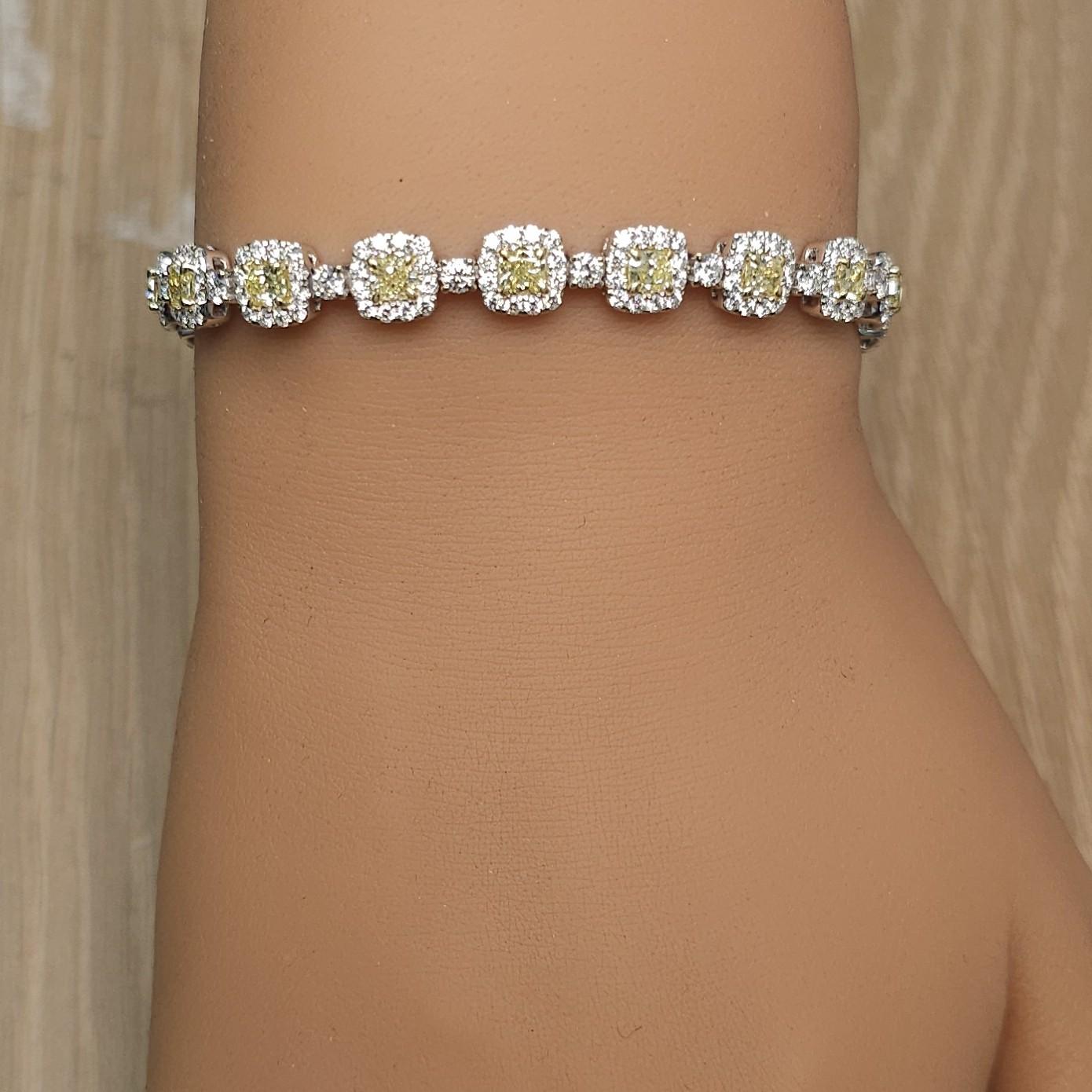 Natural Yellow Cushion Diamond 7.74 Carat TW Gold Tennis Bracelet