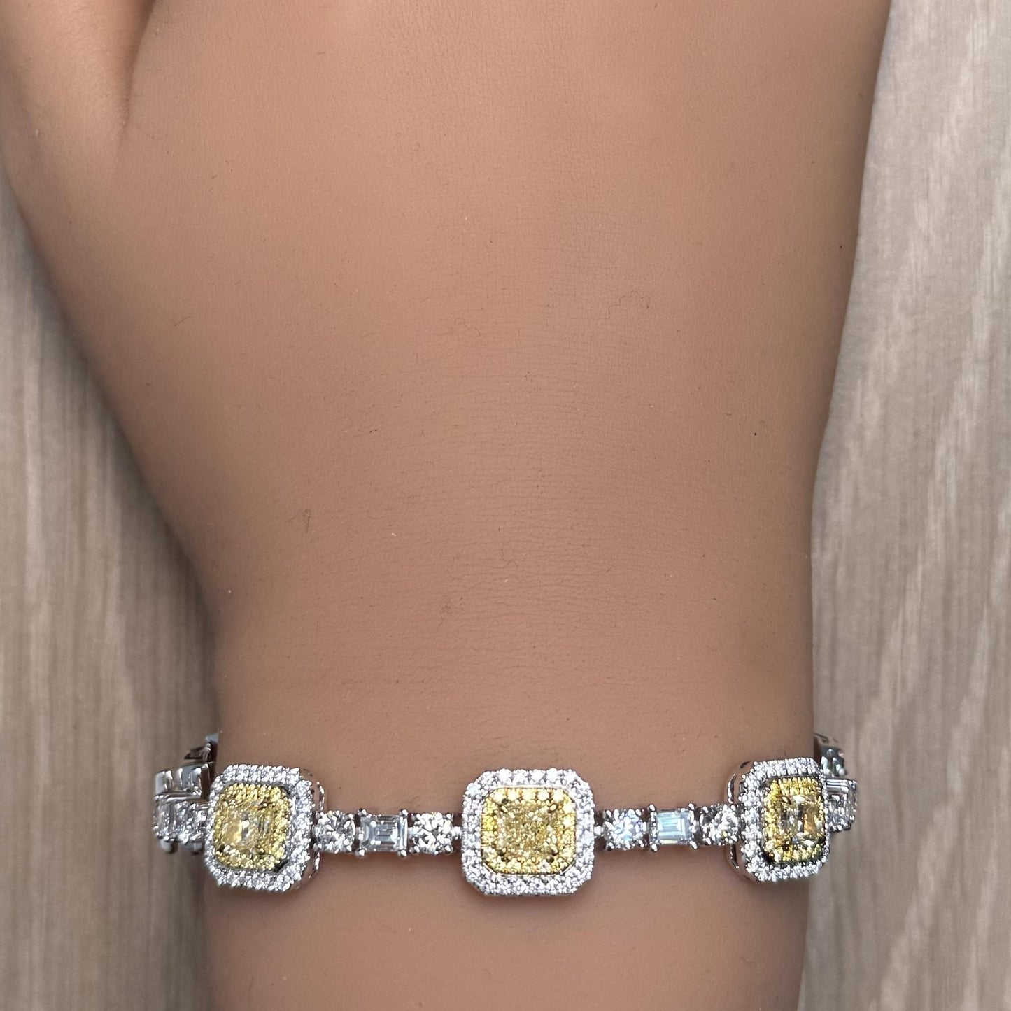 GIA Certified Natural Light Yellow Radiant Diamond 11.21 Carat TW Gold Bracelet