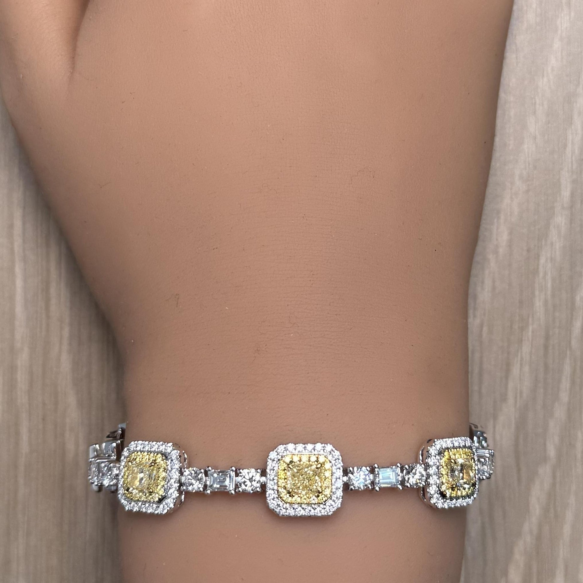 GIA Certified Natural Light Yellow Radiant Diamond 11.21 Carat TW Gold Bracelet