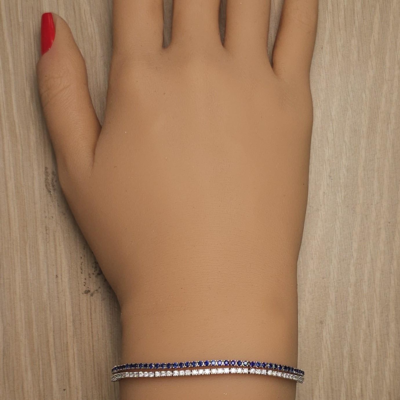 Natural Blue Round Sapphire and White Diamond 3.49 Carat TW Gold Tennis Bracelet