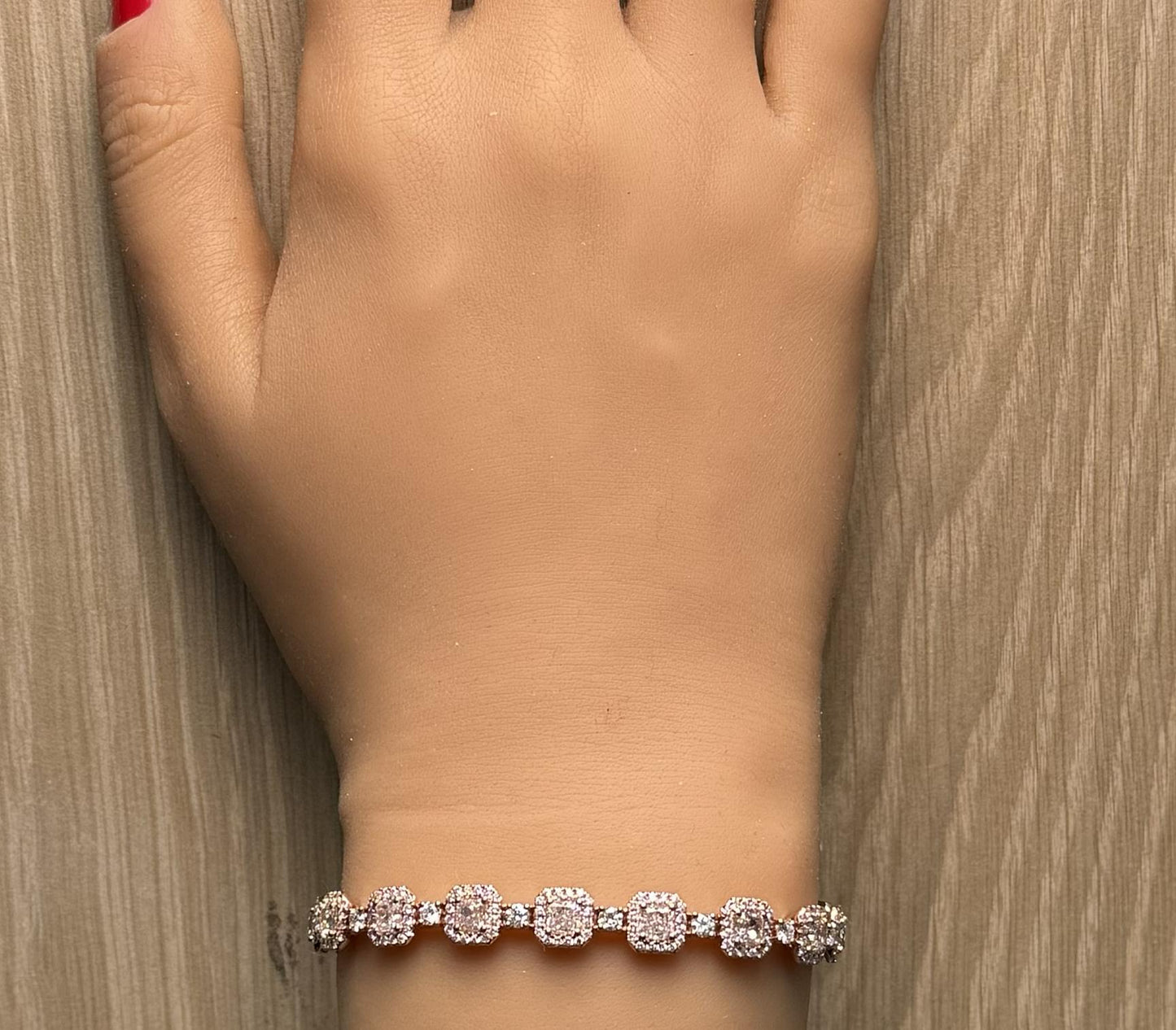 GIA Natural Fancy Light Brown-Pink Cushion Diamond 8.89 Carat TW Gold Bracelet