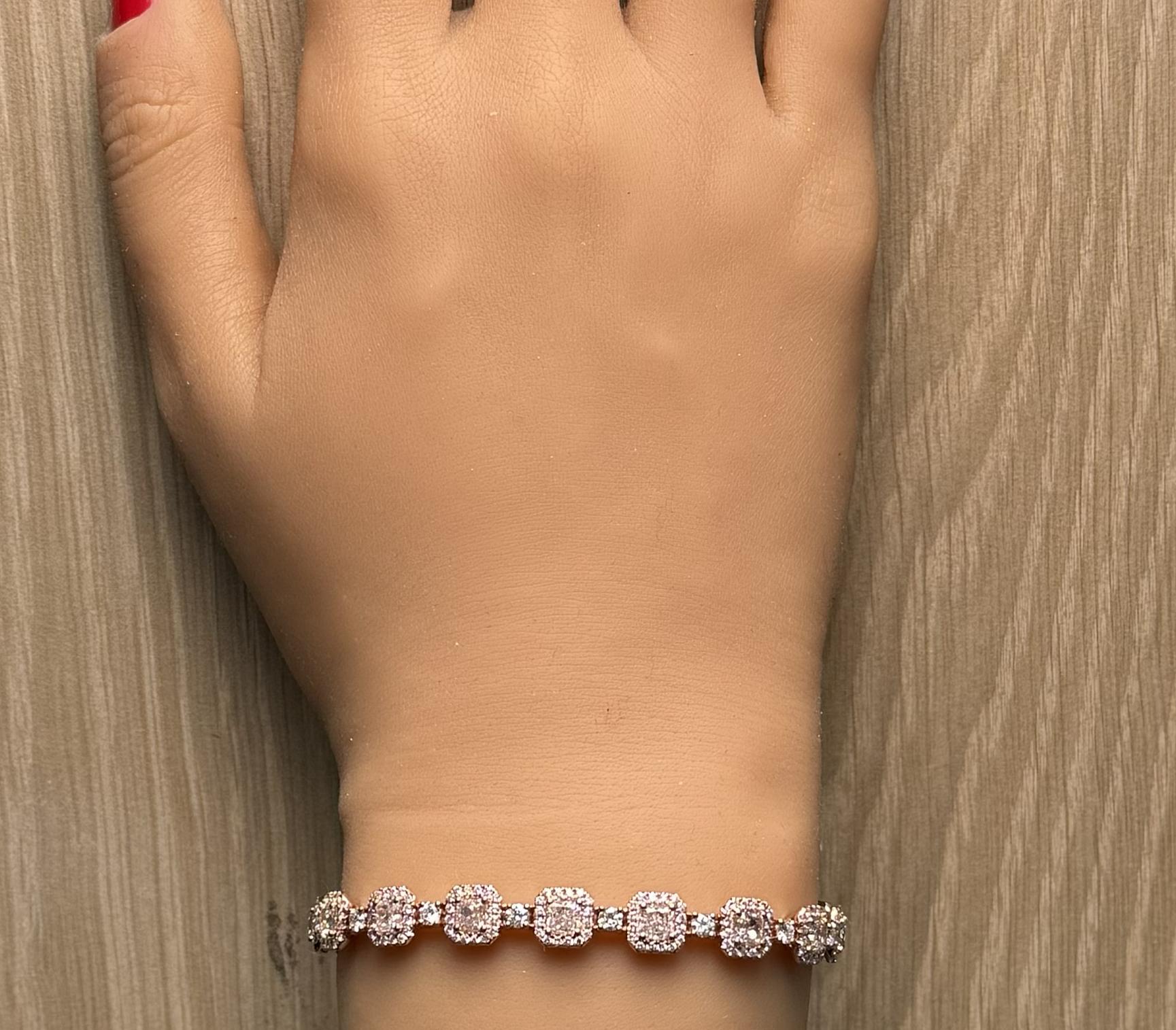 GIA Natural Fancy Light Brown-Pink Cushion Diamond 8.89 Carat TW Gold Bracelet