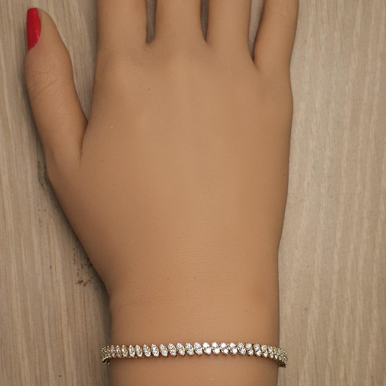 Natural White Round Diamond 3.40 Carat TW Yellow Gold Tennis Bracelet