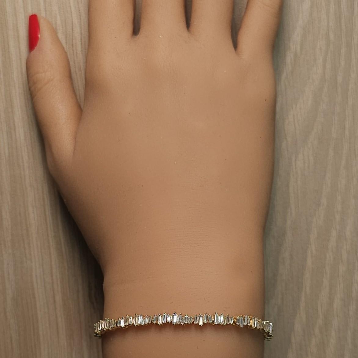 Natural White Baguette Diamond 3.03 Carat TW Yellow Gold Tennis Bracelet