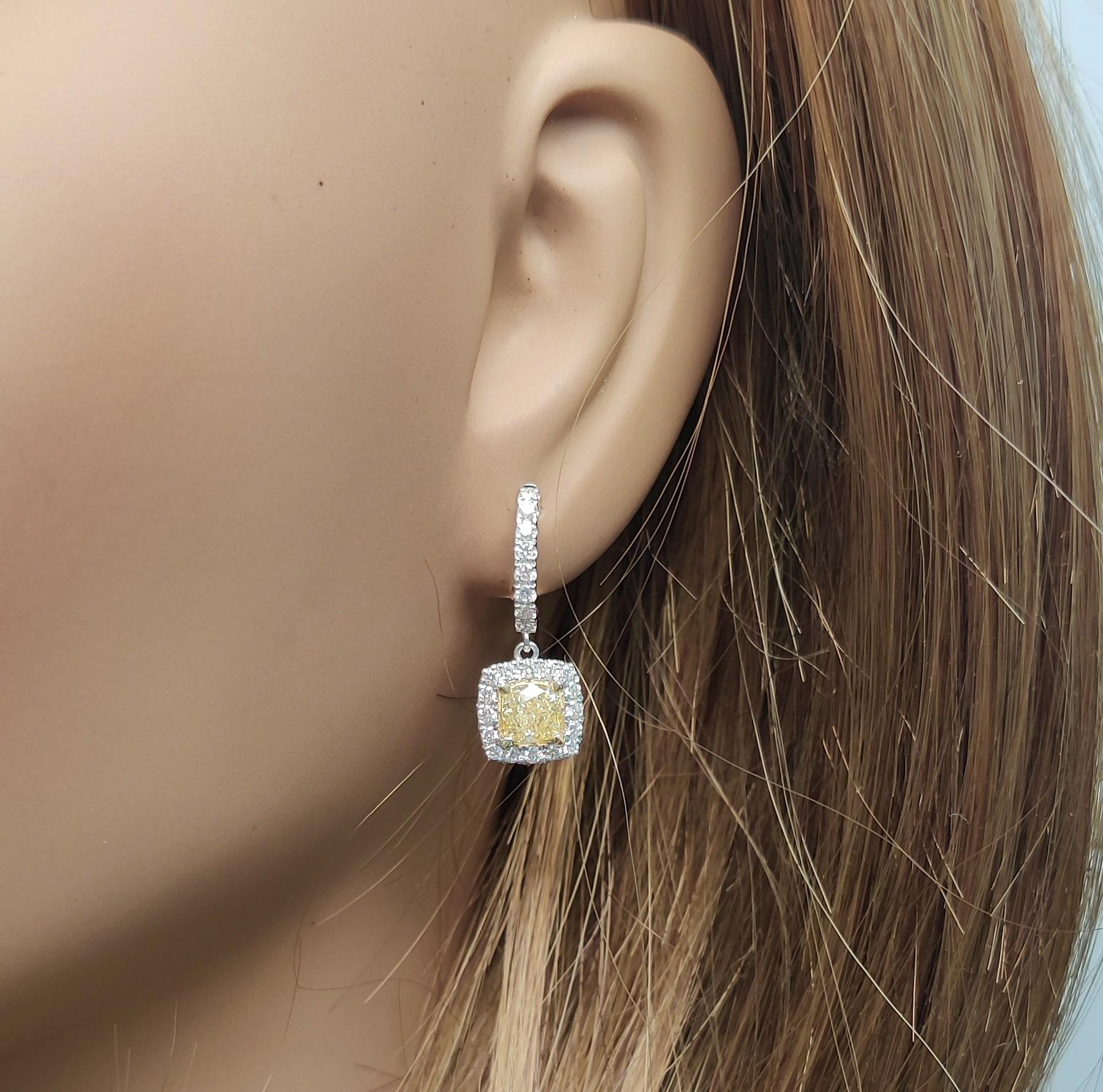 Natural Yellow Cushion Diamond 2.35 Carat TW Gold Drop Earrings