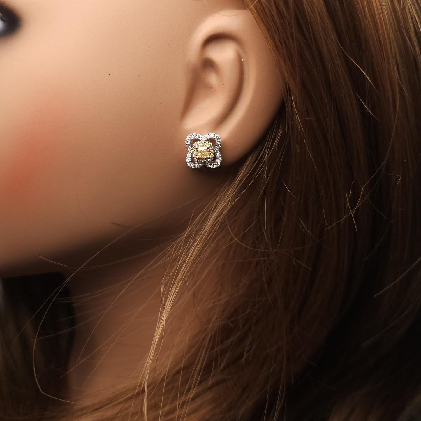 Natural Yellow Radiant Diamond 0.90 Carat TW Gold Stud Earrings