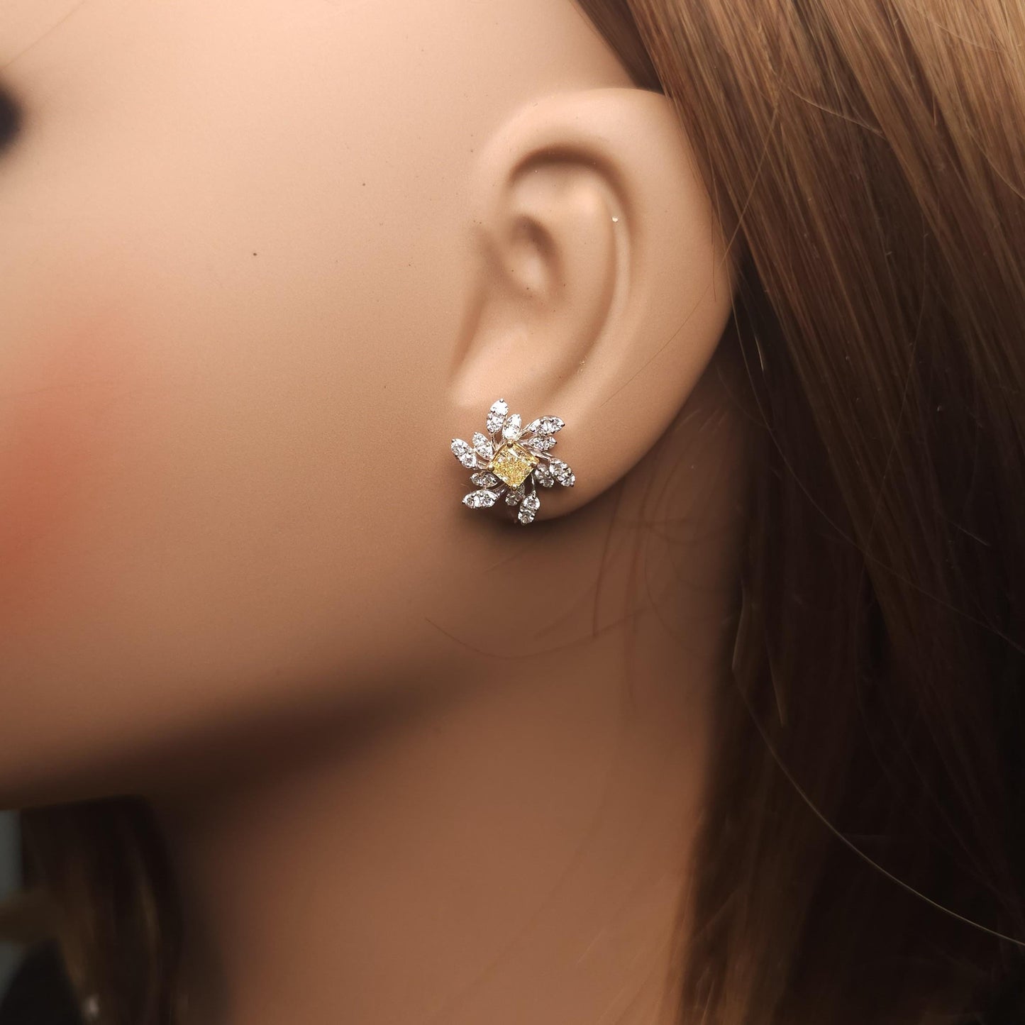 Natural Yellow Cushion Diamond 1.43 Carat TW Platinum Stud Earrings