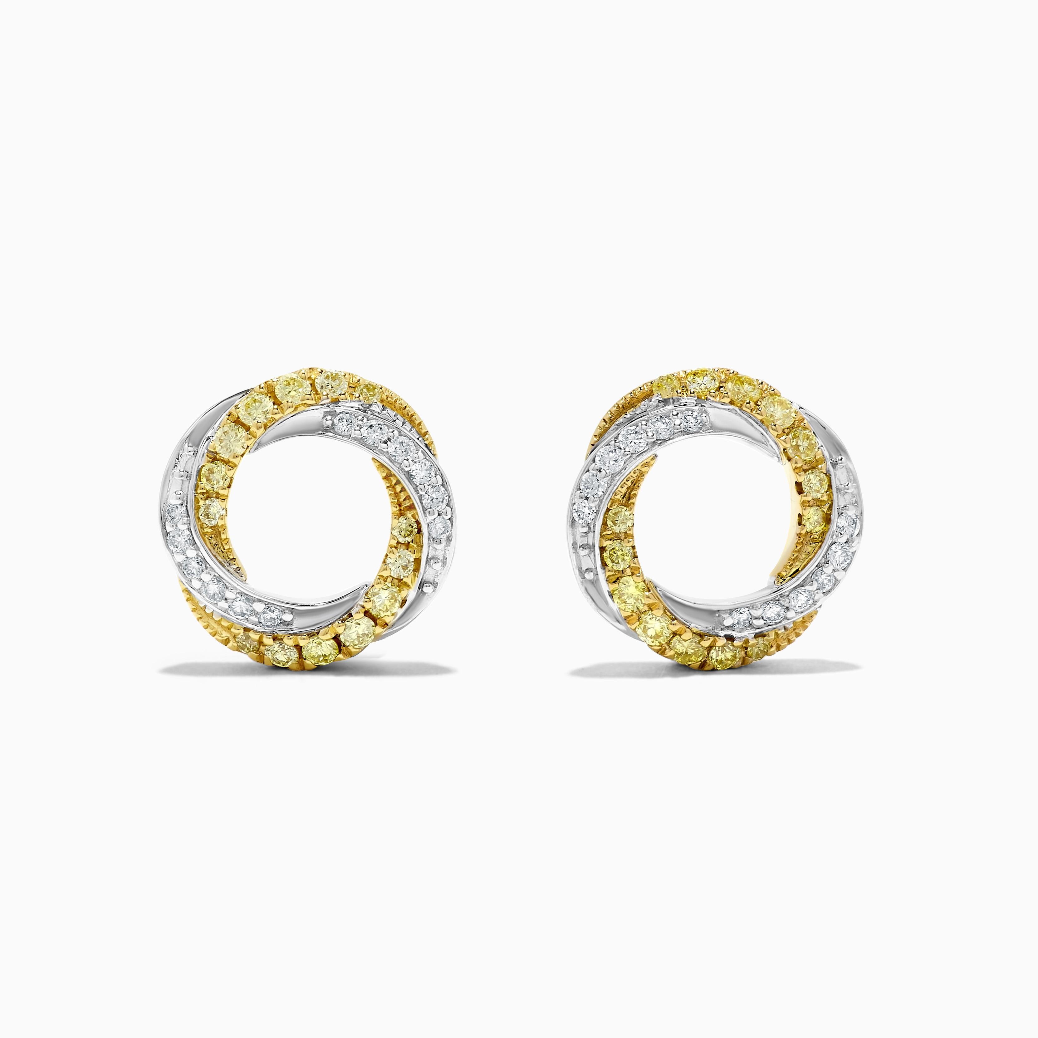 Natural Yellow Round and White Diamond .35 Carat TW Gold Stud Earrings