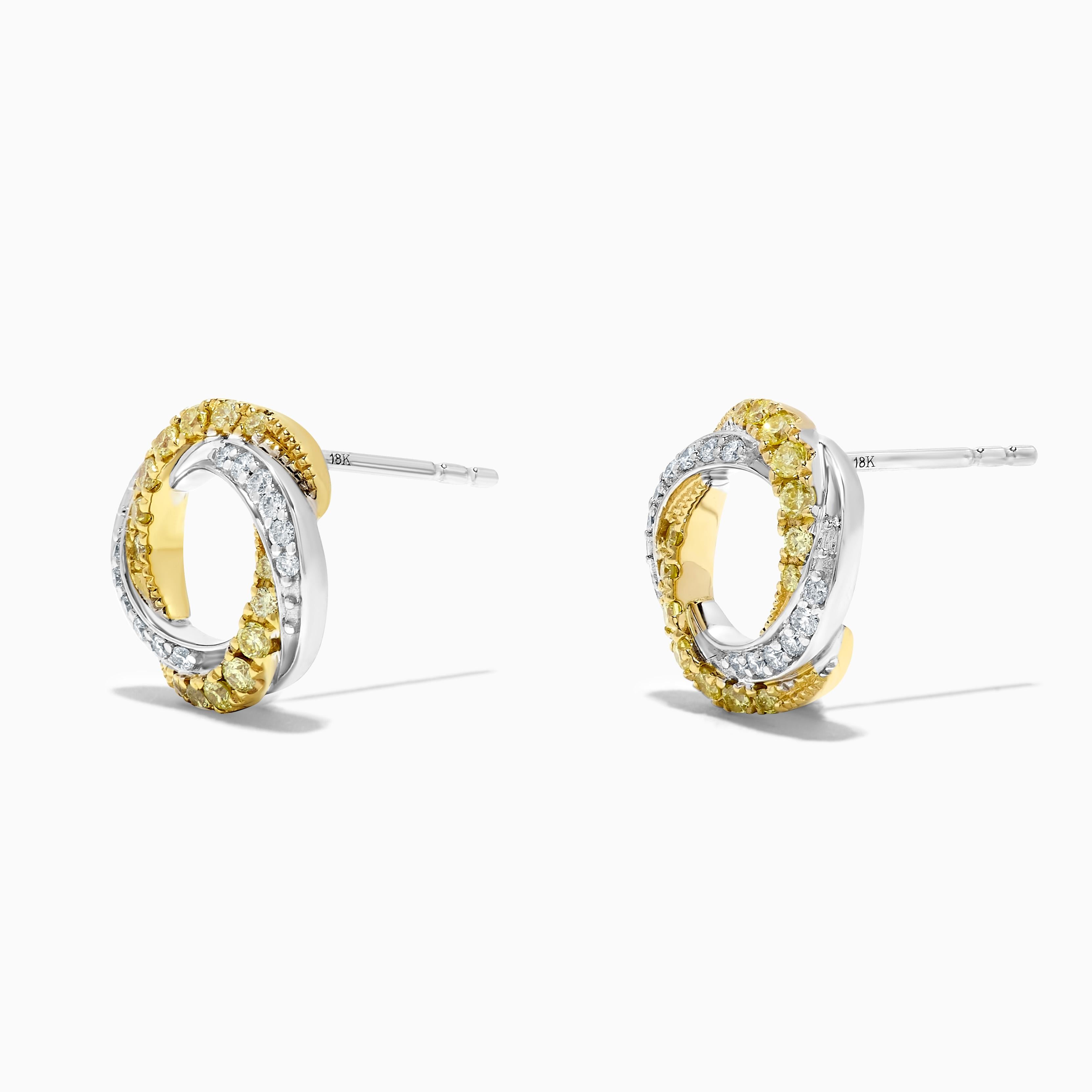 Natural Yellow Round and White Diamond .35 Carat TW Gold Stud Earrings