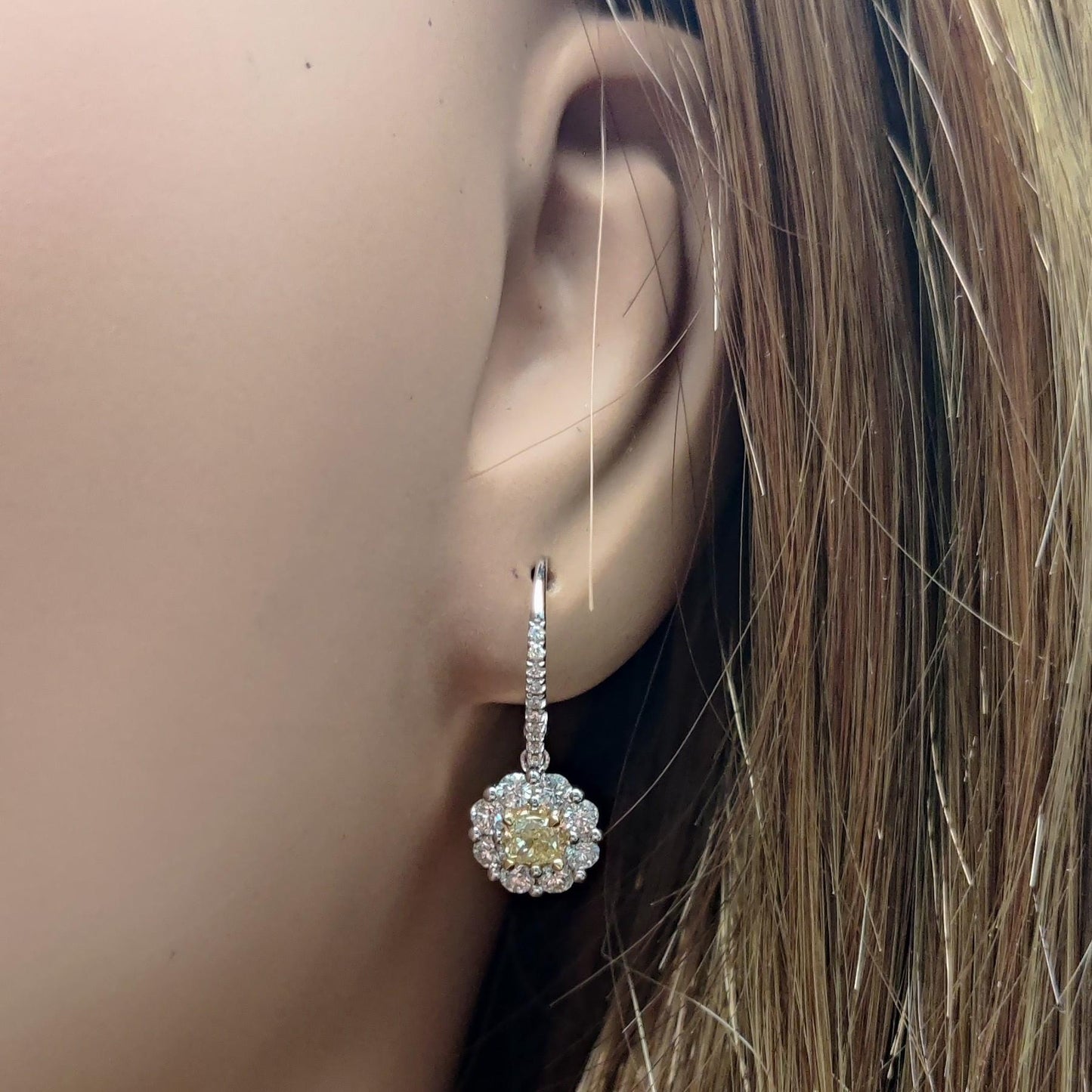 Natural Yellow Cushion Diamond 1.42 Carat TW Gold Drop Earrings