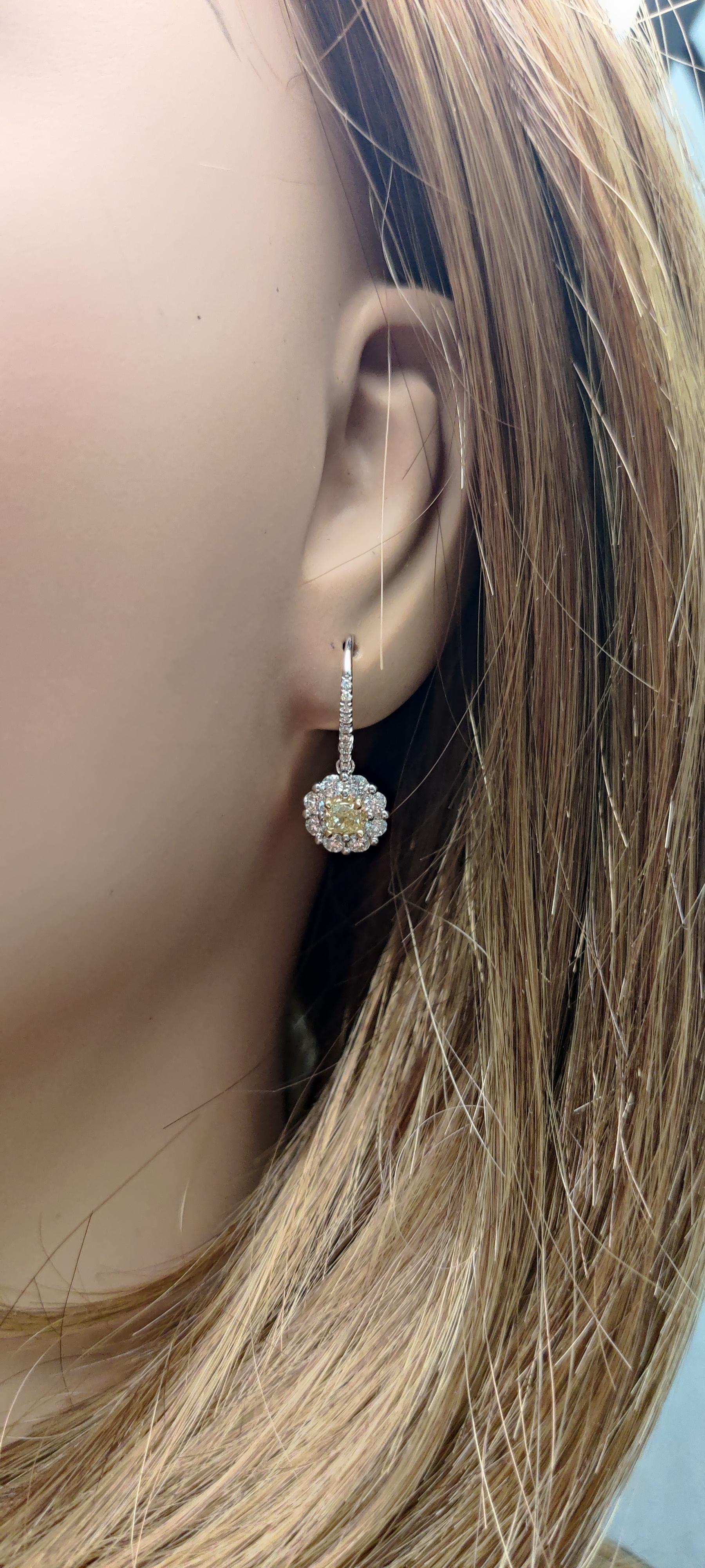 Natural Yellow Cushion Diamond 1.45 Carat TW Gold Drop Earrings