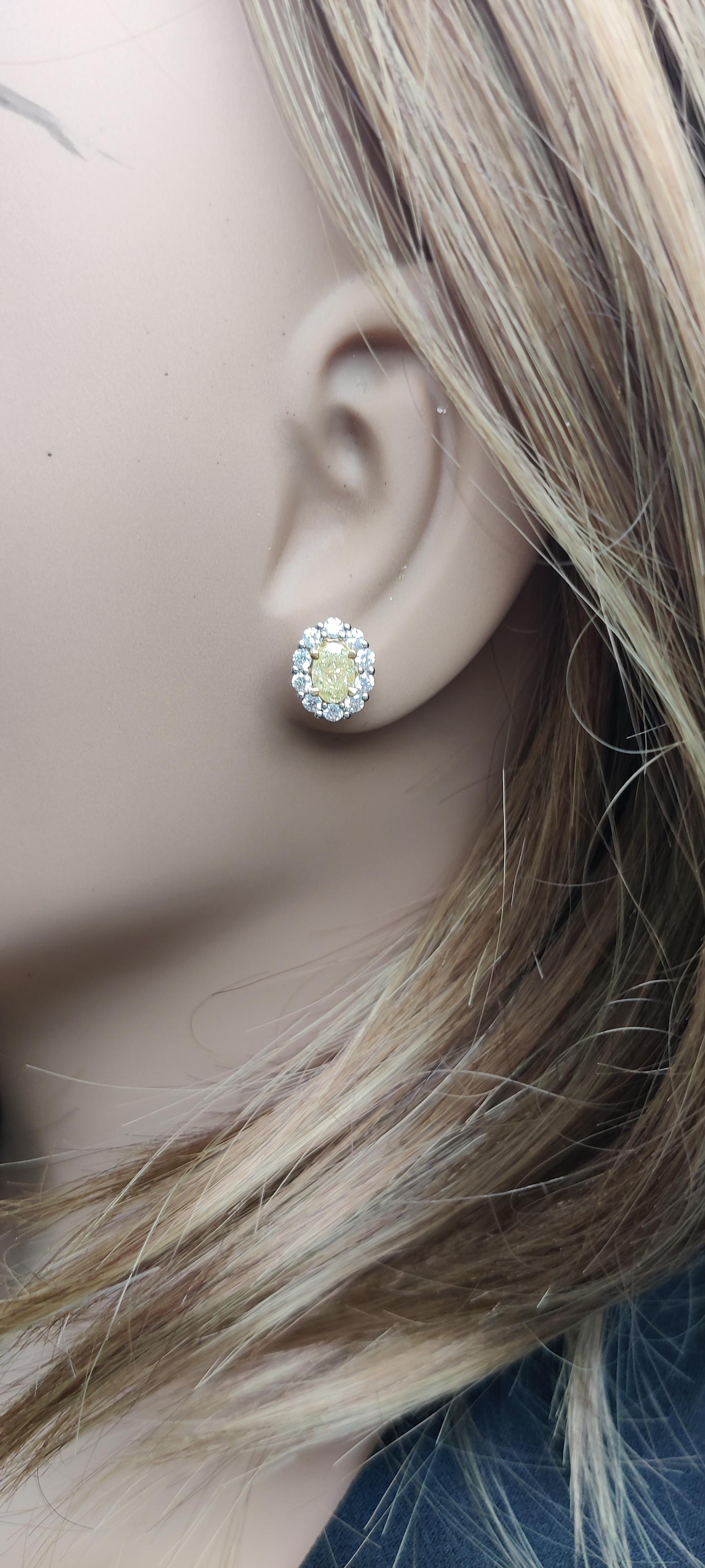 Natural Yellow Oval and White Diamond 2.09 Carat TW Gold Stud Earrings