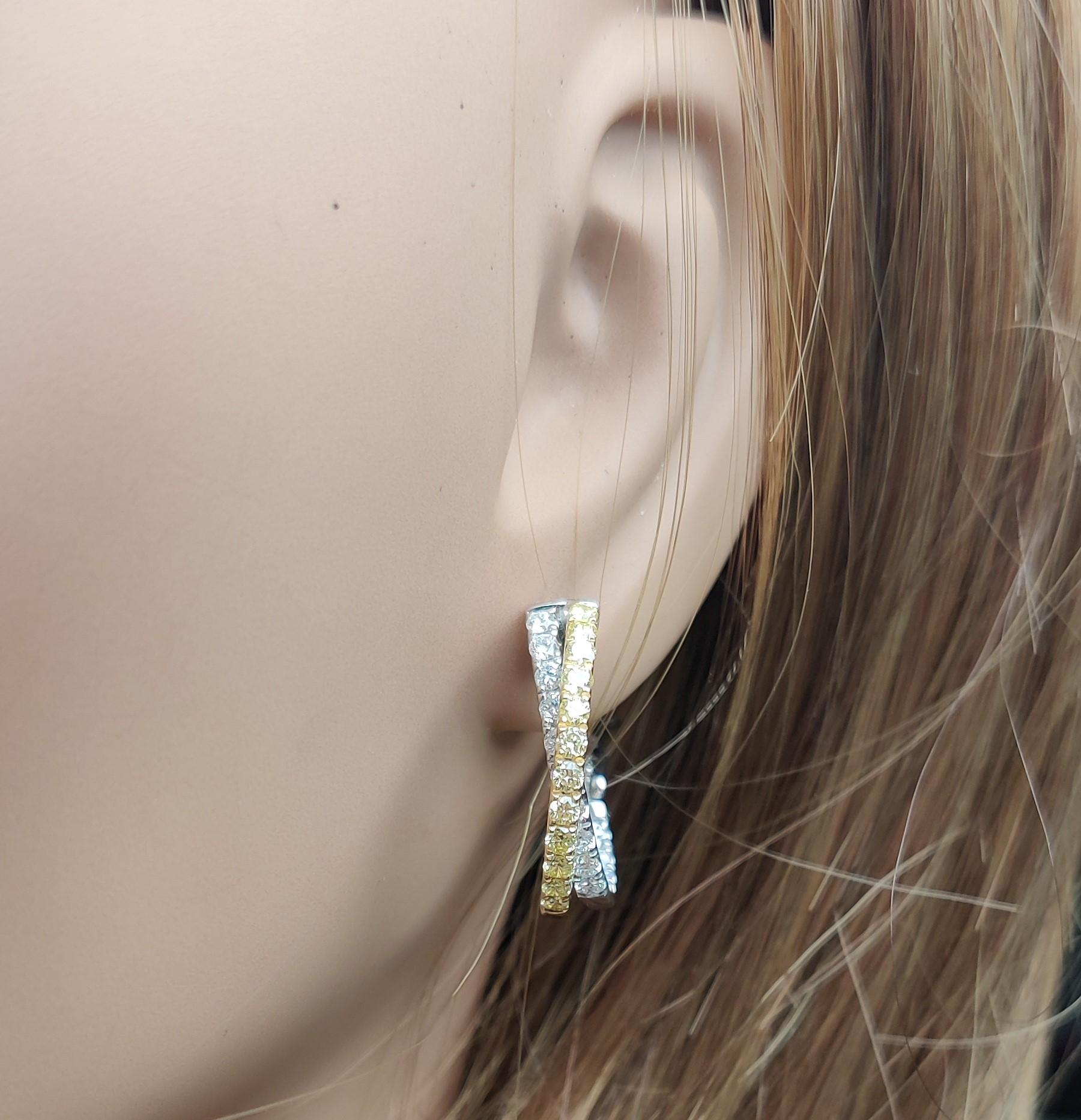 Natural Yellow Round and White Diamond 1.74 Carat TW Gold Hoop Earrings