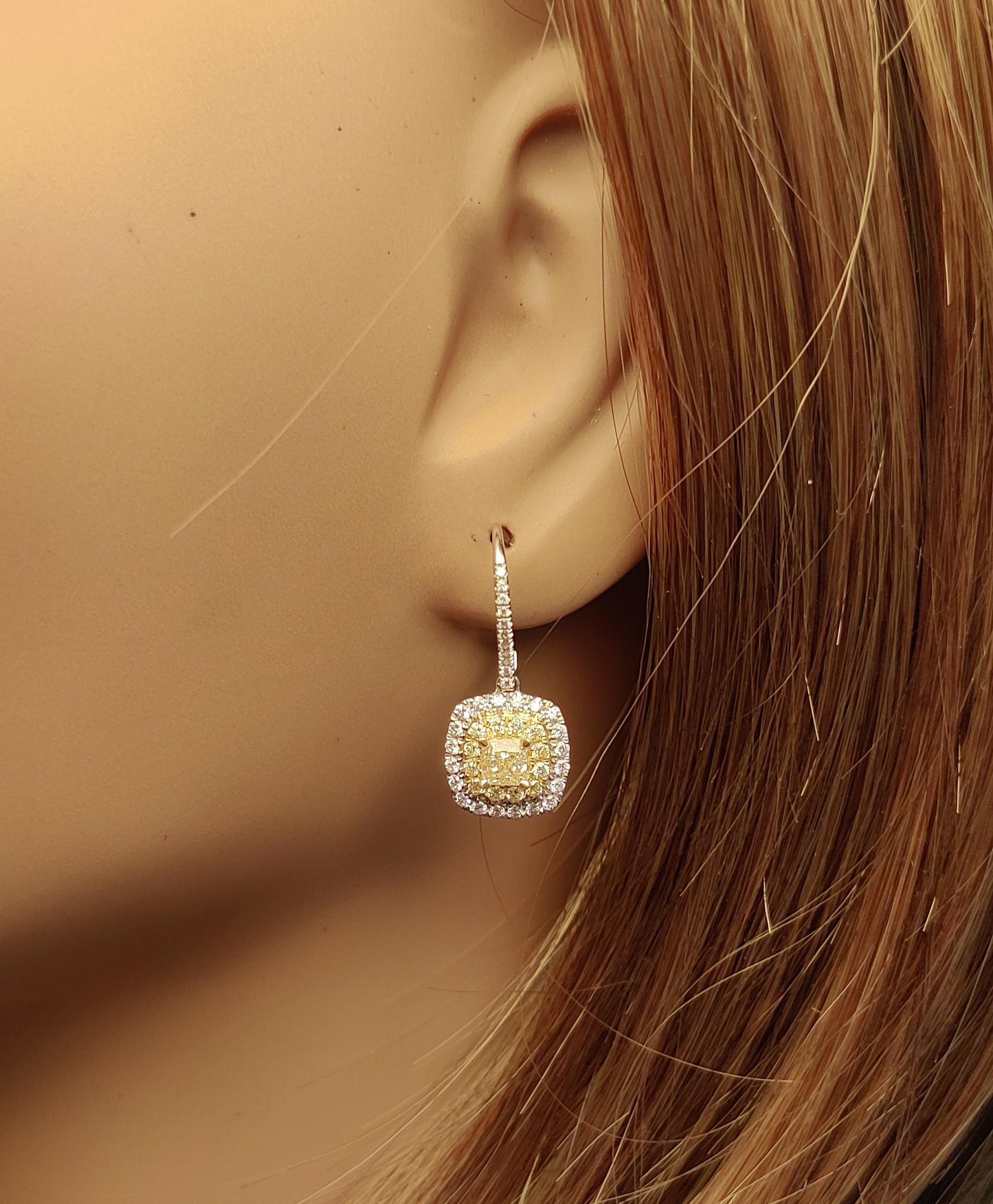 Natural Yellow Cushion Diamond 1.28 Carat TW Gold Drop Earrings